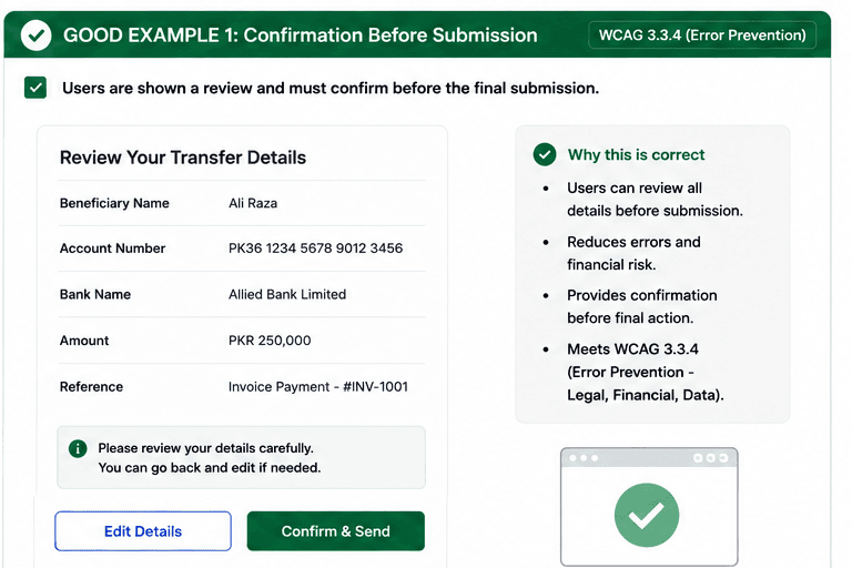 Transfer flow with a review step and a confirm button before the final submission.