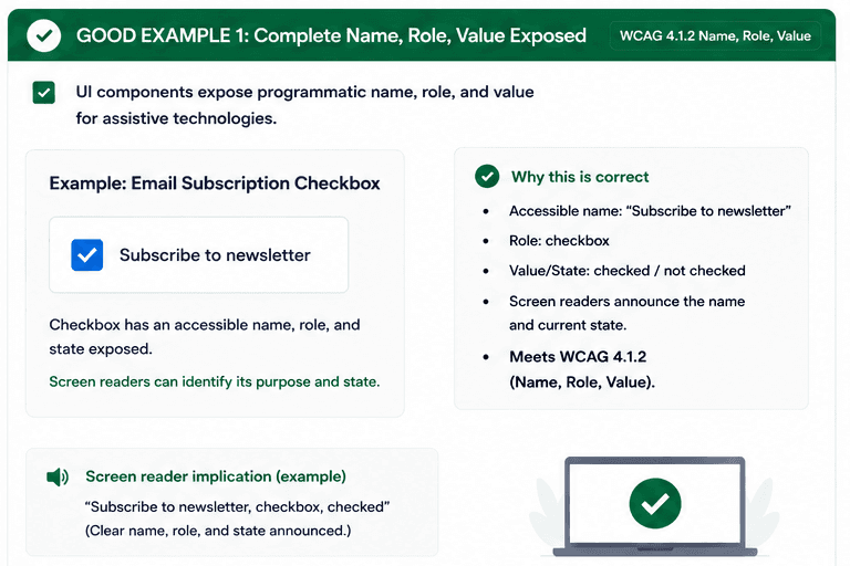 Email subscription checkbox with an accessible name, role, and checked state exposed to assistive technologies.