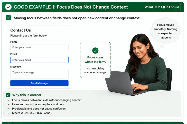 Contact form showing focus moving between fields without opening a new dialog or changing the page.