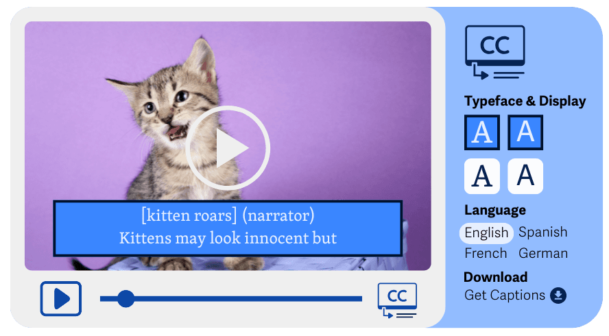Example of closed captions and their settings in a media player, options to choose the typeface, colors, and language are shown.