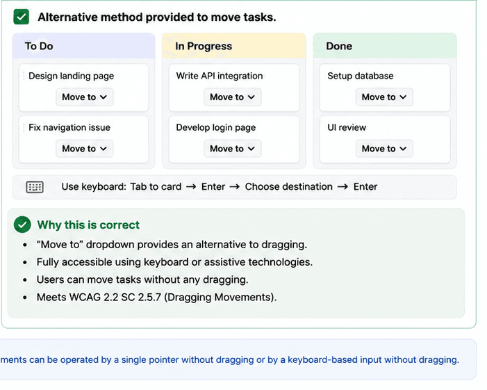 Kanban board with Move to controls on each task card so tasks can be moved without dragging.
