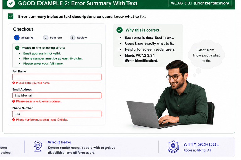 Checkout form showing a text-based error summary with specific instructions above the fields.