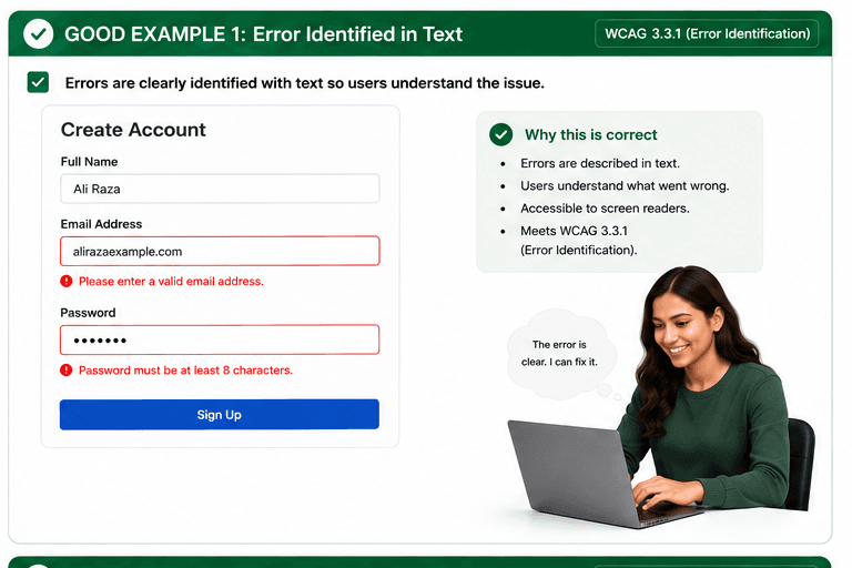 Create Account form showing validation errors in text next to the email and password fields.