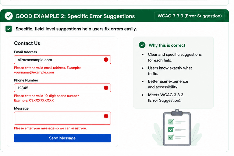 Contact form showing field-level error suggestions that explain the required format for each input.