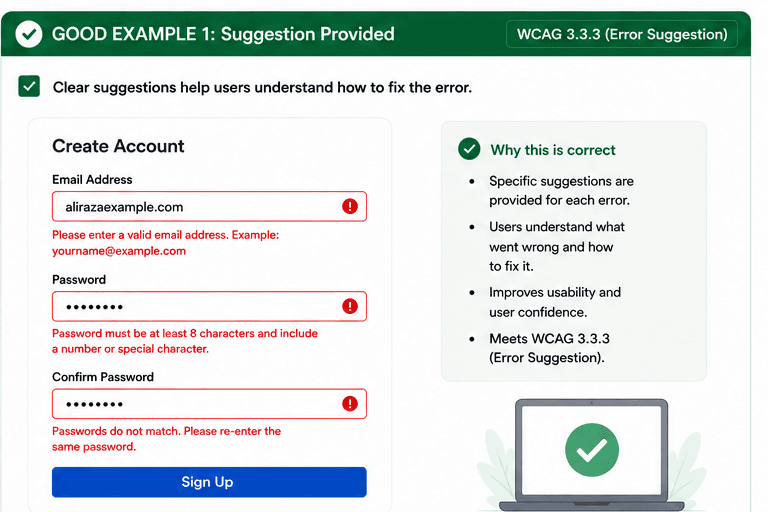 Create account form with a specific error message that explains how to fix the email, password, and confirm password fields.