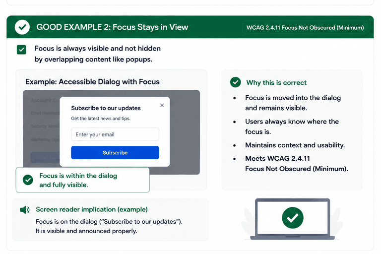 Accessible dialog with the focused button fully visible inside the popup.