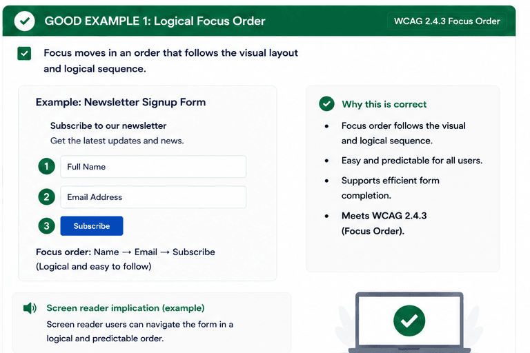 Newsletter signup form with logical keyboard focus order that follows the visual layout.