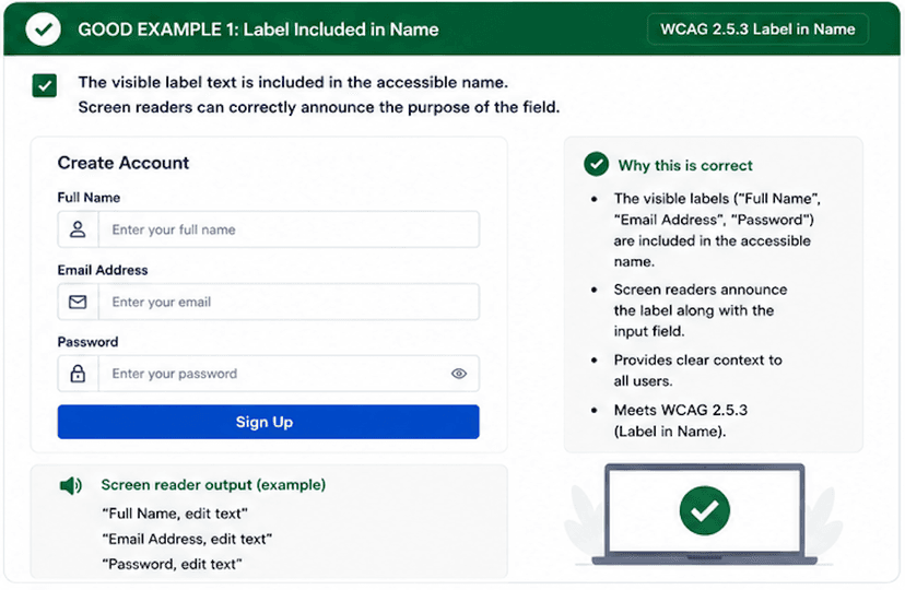 Create account form where the visible label text is included in the accessible name.