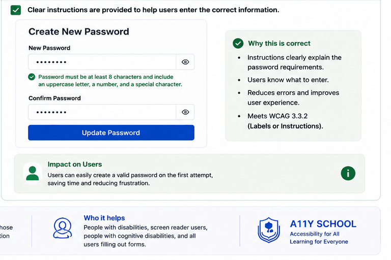 Password form with clear instructions that explain the required format and strengthen the field's purpose.