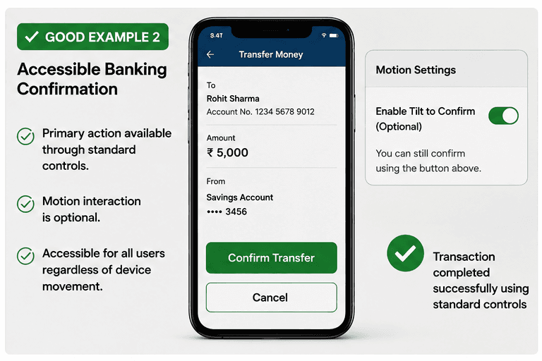 Banking transfer screen showing Confirm Transfer and Cancel buttons with an optional tilt-to-confirm setting.