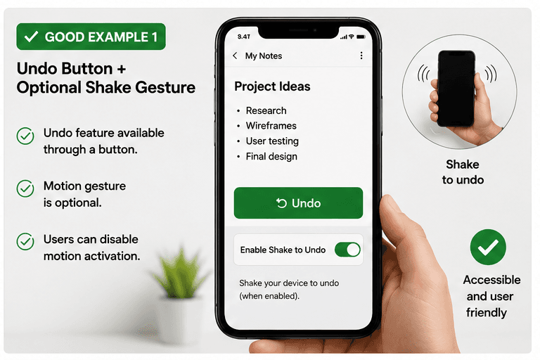 Notes app showing an Undo button with an optional shake-to-undo setting that can be disabled.
