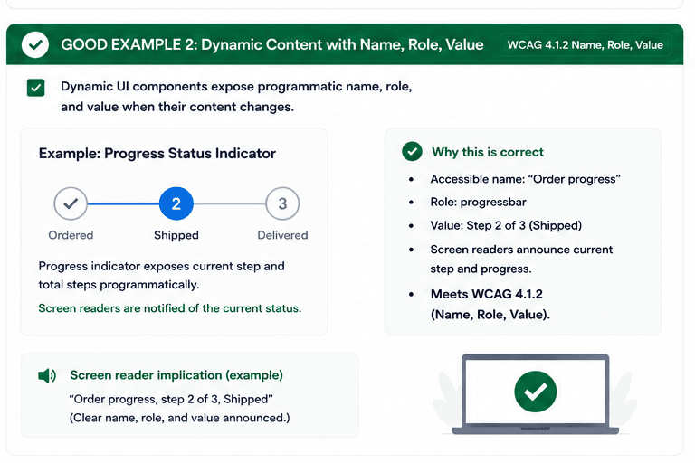 Progress status indicator that exposes the current step and total steps programmatically.