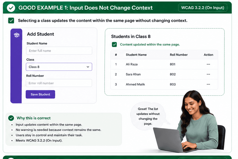 Add Student form where selecting a class updates the student list on the same page without changing context.