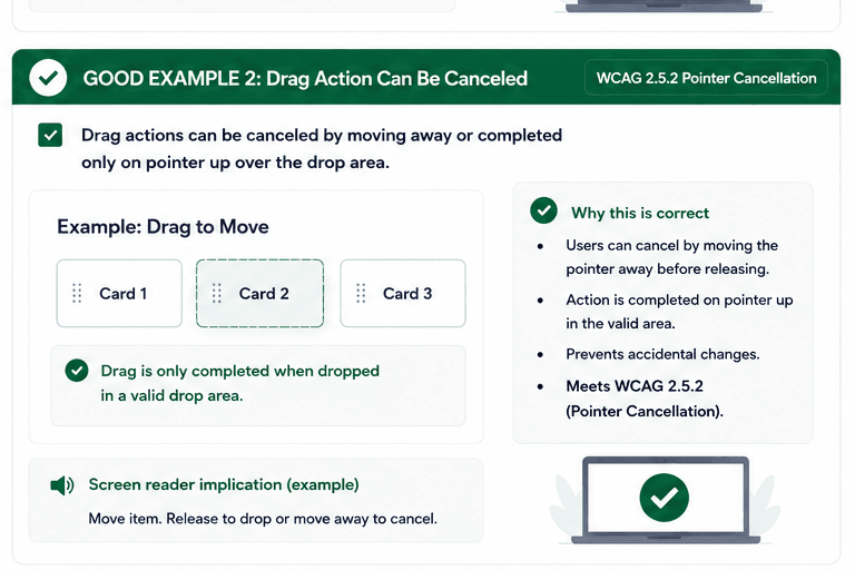 Drag and drop example where the action completes only on pointer up in a valid drop area and can be canceled by moving away.