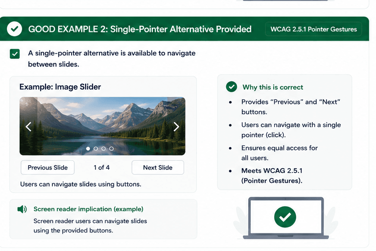 Image slider with Previous Slide and Next Slide buttons as a single-pointer alternative.