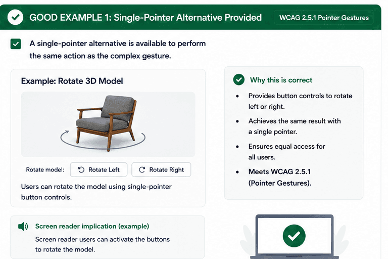 3D model rotation example with Rotate Left and Rotate Right buttons as single-pointer alternatives.