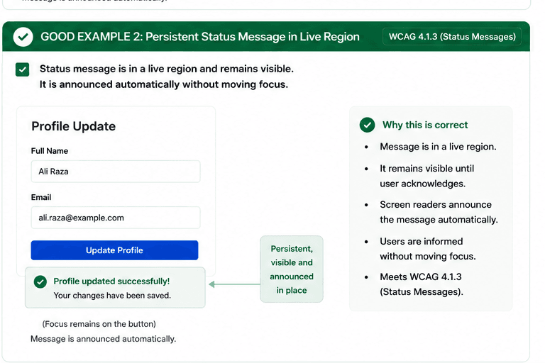 Profile update flow with a persistent live-region status message that remains visible.