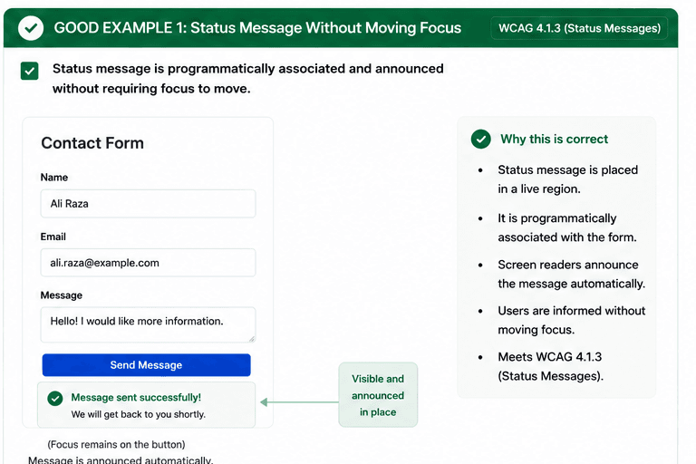 Contact form with a success message announced in place without moving focus.