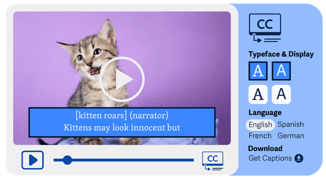 Example of closed captions and their settings in a media player, options to choose the typeface, colors, and language are shown.